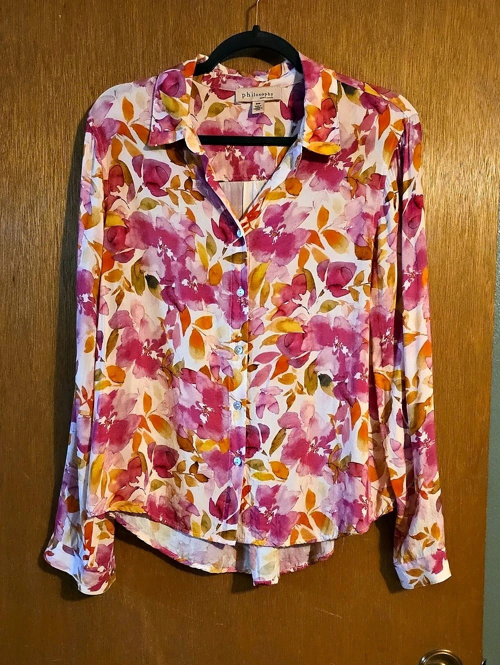Philosophy Floral Button Down Blouse in Pink & White Size Medium-EUC
